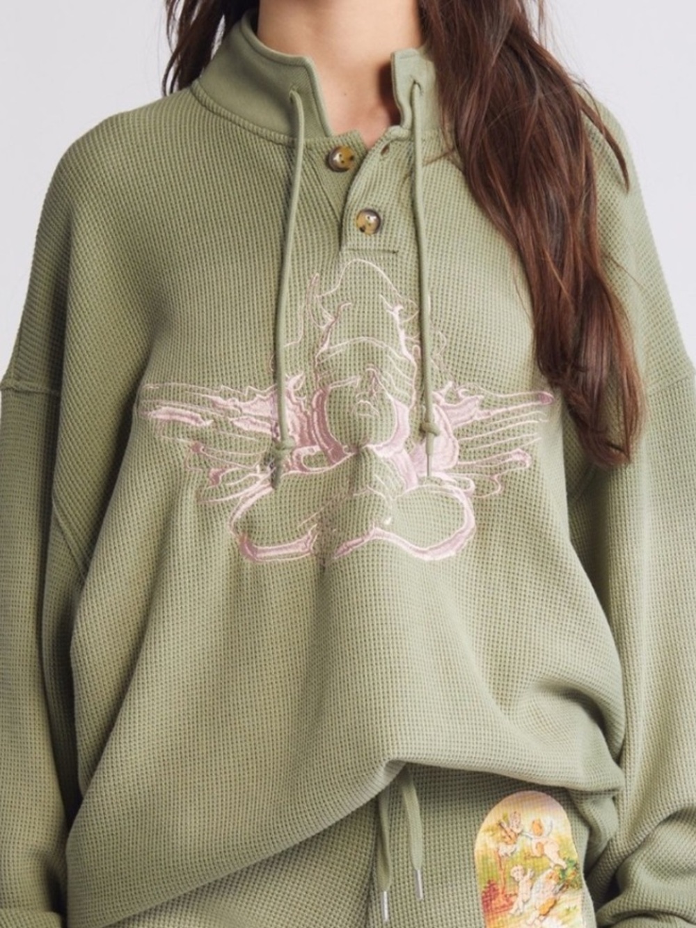 Boys Lie Olive Waffle-Knit Pullover with Pink Embroidered Motif